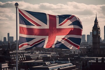 A Union Jack British flag flying on a mast above London. Daytime and natural light. Generative AI.