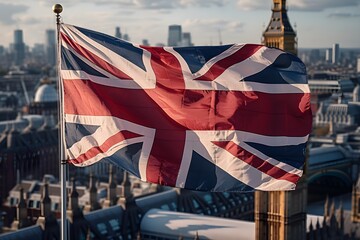 A Union Jack British flag flying on a mast with London in the background. Daytime and natural light. Big Ben. Generative Art.