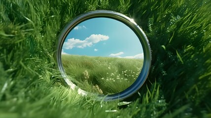 grass and blue sky, mirror against green vegetation, beautiful landscape