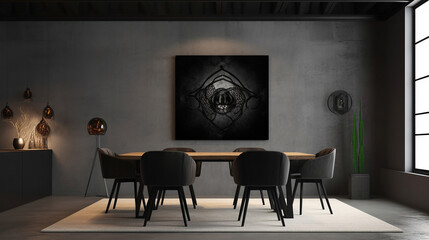 Dark gallery room interior with black wooden dresser and art decoration, table with chairs in meeting area. Generative Ai