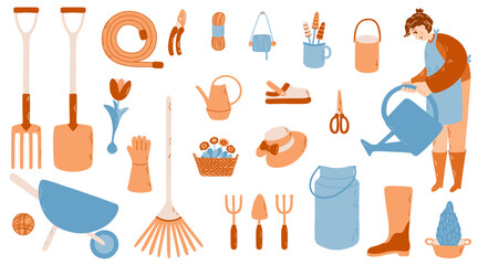 Big garden vector set with gardener, cart, gloves, scissors, rubber boots, watering can and other. Illustratin in blue abd brown colors