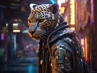 Fototapeta na wymiar A Cyberpunk Leopard in a Neon City at Night | Generative AI