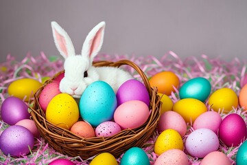 Fototapeta na wymiar Easter EggStravaganza with a Cute Bunny. AI Generated.