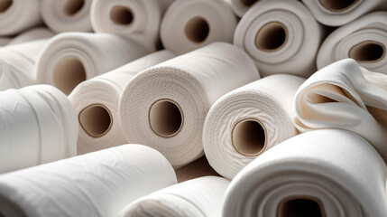 Rolls of industrial cotton fabric for clothing cloth textile manufacture on machine. Generative Ai