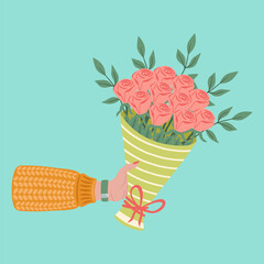 Bouquet of flowers in hands. Illustration of a hand holding flowers. Design element for greeting card, invitation, print, sticker. Illustration for birthday, mother's day, valentine's and woman's day.