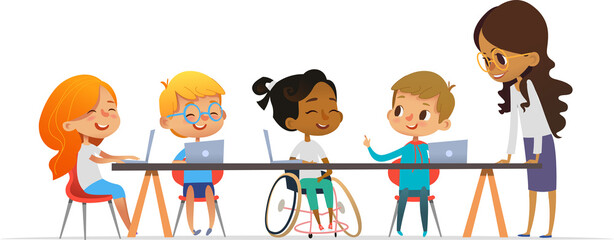 Multicultural kids and friendly female teacher talking and learning coding during computer science lesson. The concept of inclusive education in school. Vector illustration for the site, advertising. - 604121226