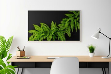 Minimalistic Vertical Wall Art Poster Frame Mockup Above Desk with Plant. AI Generated.