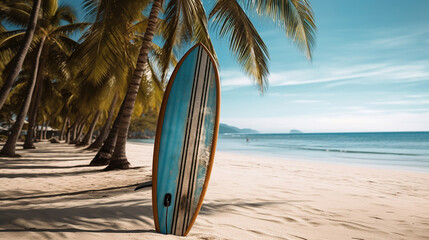Surfboard and palm tree on beach with beach sign for surfing area. Generative Ai