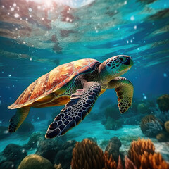 Obraz premium Sea turtle swimming around colorful coral reef formations in the sea. Generative AI