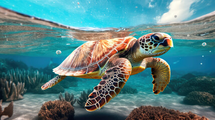 Fototapeta premium Sea turtle swimming around colorful coral reef formations in the sea. Generative AI