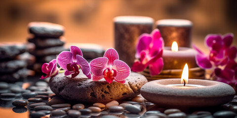 Obraz na płótnie Canvas Spa and wellness setting with orchid flower, candles and towel. AI Generative.