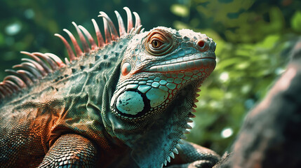 Fototapeta premium portrait of macro shot on iguana head. Generative Ai