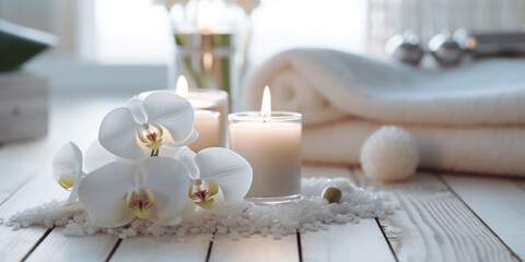 Fototapeta na wymiar Spa and wellness setting with orchid flower, candles and towel. AI Generative.