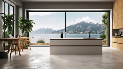luxury interior design of modern trendy snow white kitchen in minimalistic style . Generative Ai