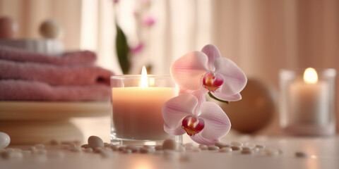 Spa and wellness setting with orchid flower, candles and towel. AI Generative.