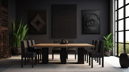 Dark gallery room interior with black wooden dresser and art decoration, table with chairs in meeting area. Generative Ai