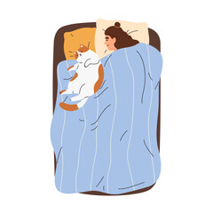 Woman and cute cat sleeping together.