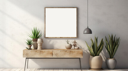 White wall decoration with a picture frame, clock and plants. Generative Ai