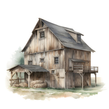 Rustic Farm Barn Watercolor Clipart Illustration, made with generative AI