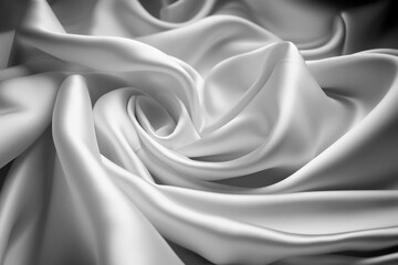 Generative AI illustration of Pure White satin fabric floating in the air from above view with movement on white background