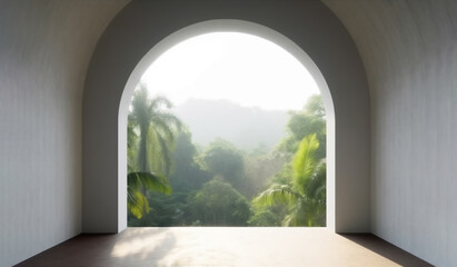 Arch window to the green dense garden as symbol of joy, long way to the goal, ai generated