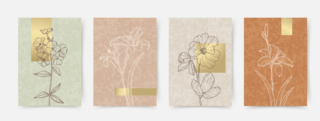 Set of trendy abstract luxury botanical vector backgrounds with line art flowers. Perfect for modern wall poster, interior design, print, home decor, cover, wallpaper, postcard © Feodora_21