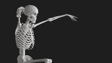 skeleton posing 3d render illustration with black background	