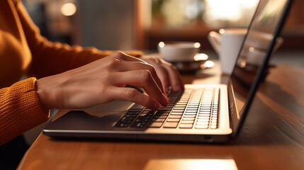 Woman using a laptop during a coffee break. Generative Ai