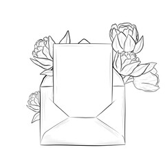 Vector Hand Drawn Letter with Roses in Engraving Style. Isolated on White Background. Hand Drawn envelope mail icon in vintage style. Message template.