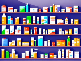 A pharmacy shelf filled with medicine packages and boxes