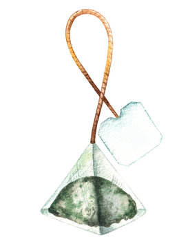 Watercolor tea bag in the shape of a pyramid on a white background