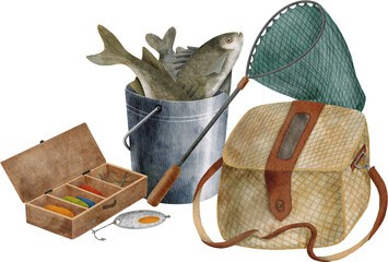 Watercolor fishing composition. Hand drawn fishing lure, landing net, metal bucket with fish, wicker creel isolated on transparent background. Angling sport hobby equipment. Catching fish illustration © Olya Haifisch