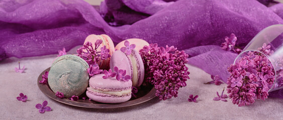 Sweet pastel french macaroons and lilac flowers on light gray background. Beautiful composition for bakery and pastry shop. Wide banner