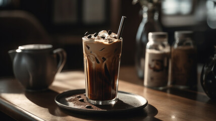 Delicious iced coffee with chocolate syrup, closeup. Generative AI
