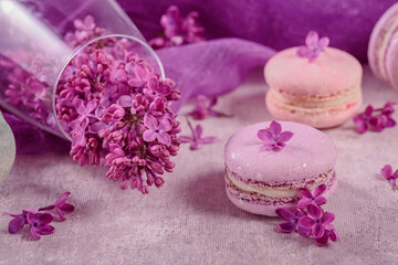 Close up of Sweet pastel french macaroons and lilac flowers on light gray background. Beautiful composition for bakery and pastry shop