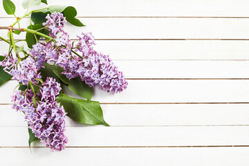 Frame with Lilac flowers on white wooden background. Top view, flat lay