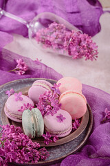 Sweet pastel french macaroons and lilac flowers on light gray background. Beautiful composition for bakery and pastry shop