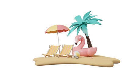 Summer pink vacation beach with Flamingo inflatable ring isolated on clear png background, Minimal Realistic for Product mock-up or Cosmetics with summer pink theme, inflatable ring. 3d rendering © TANATPON