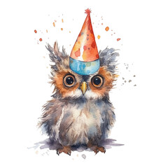 portrait baby owl wearing party hat on head in watercolor for birthday greetings