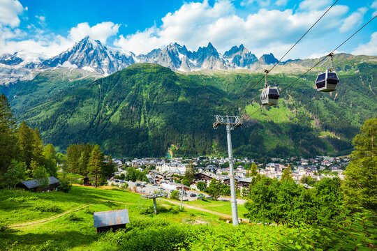 Chamonix town aerial panoramic view
