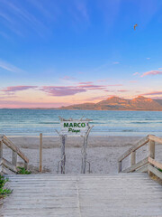 Fototapeta na wymiar Sunset at Calvi beach in Corsica, France