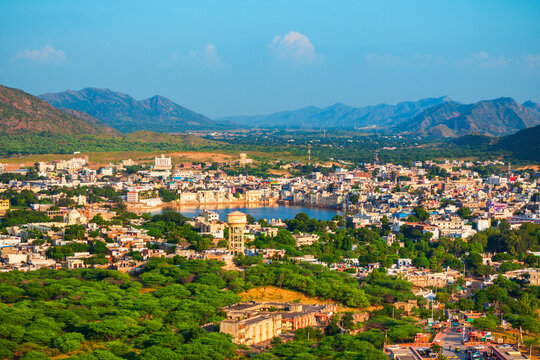 Pushkar town aerial panoramic view, India