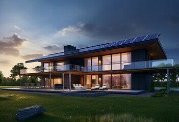 Modern home with solar panels, generative ai