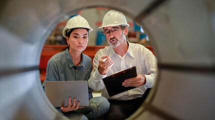 partner woman engineer assistant in helmet inspection check heavy machine construction installation...