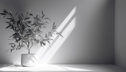 Minimalist, Light Background: A Clean, Organized Presentation Platform with Blurred Foliage Shadow on a White Wall, Perfect for Modern Portfolios and Blogs