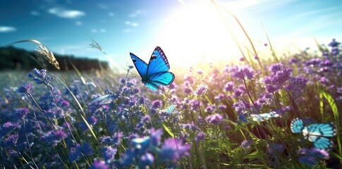 Ethereal Beauty: Blue Butterfly Dancing in a Panoramic Field