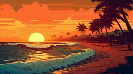 Summer beach sunset with palm tree, mountains background. Generative AI
