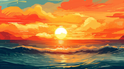 Summer beach sunset with river water and mountains background. Generative AI