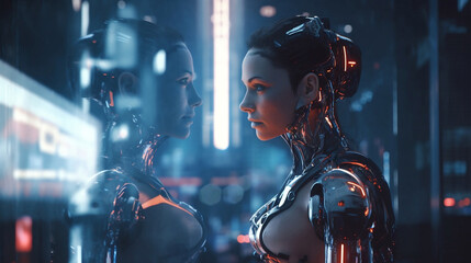 Obraz premium A female robot looking at his reflection. Generative AI