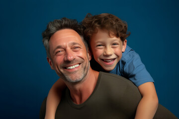 Fototapeta premium Happy father and son together against a blue background. Generative ai